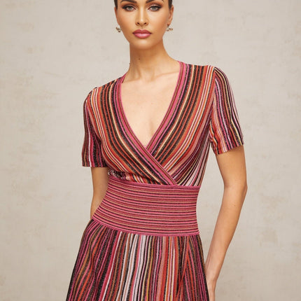 Gabriella Maxi Dress Pink & Multicolor V-neck Metallic Thread Ribbed Knit Pleated Accents Short Sleeves Vertical Stripe Pattern Elasticated Waistband Viscose Nylon Metallic Fiber Elastane