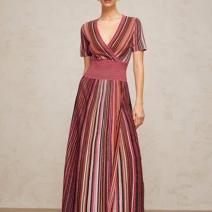 Gabriella Maxi Dress Pink & Multicolor V-neck metallic thread ribbed knit pleated vertical stripe short sleeves elasticated waistband viscose nylon metallic fiber elastane