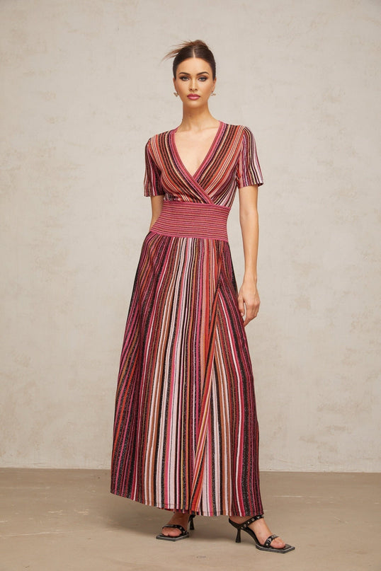 Gabriella Maxi Dress Pink & Multicolor V-neck metallic thread ribbed knit pleated vertical stripe short sleeves elasticated waistband viscose nylon metallic fiber elastane