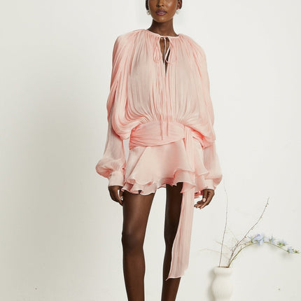 Gabriella Pink Glitter Twist Mini Dress with Shoulder Pads and Ruffled Hem