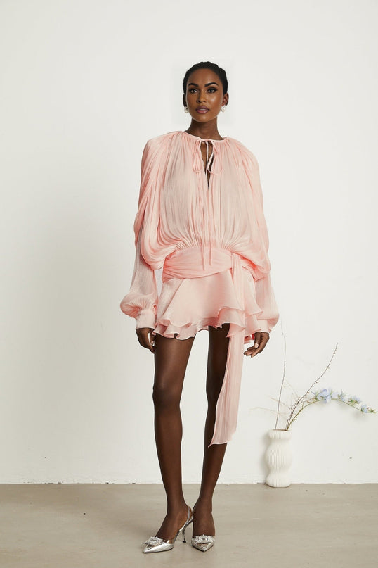Gabriella Pink Glitter Twist Mini Dress with Shoulder Pads and Ruffled Hem
