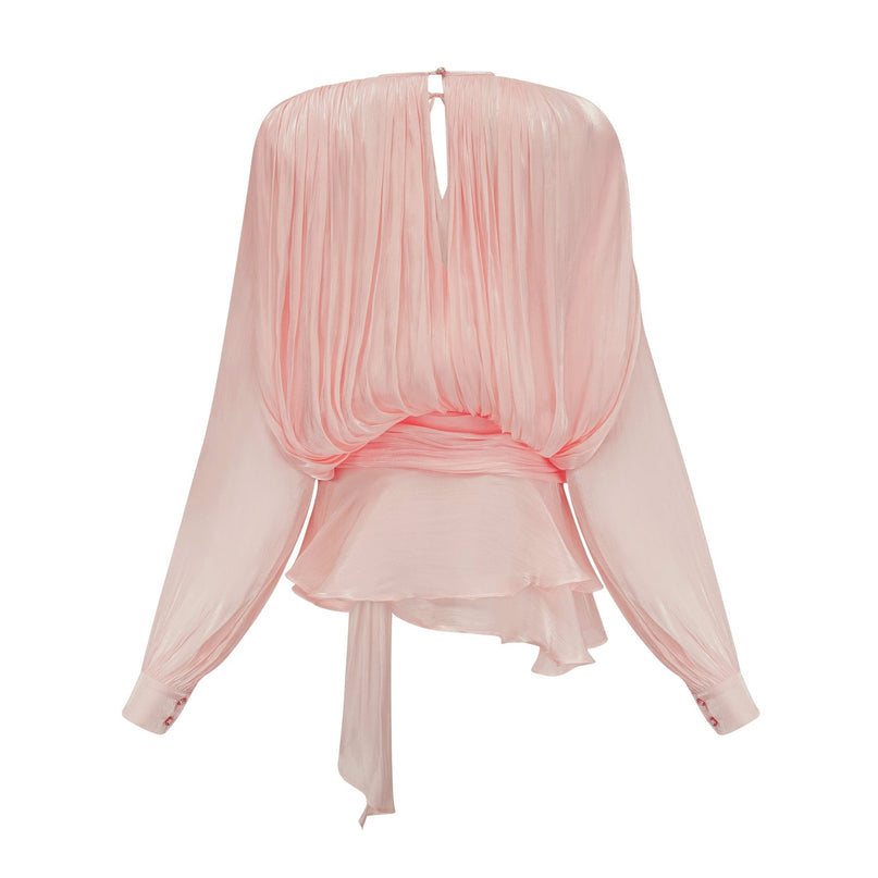 Gabriella Pink Glitter Twist Mini Dress with Ruffled Hem and Shoulder Pads