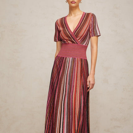 Gabriella Pink & Multicolor Maxi Dress V-neck metallic thread ribbed knit pleated accents vertical stripe pattern short sleeves elasticated waistband viscose nylon metallic fiber elastane blend comfort style occasion