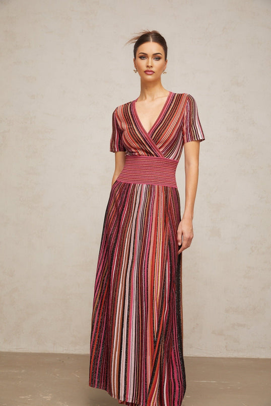 Gabriella Pink & Multicolor Maxi Dress V-neck metallic thread ribbed knit pleated accents vertical stripe pattern short sleeves elasticated waistband viscose nylon metallic fiber elastane blend comfort style occasion