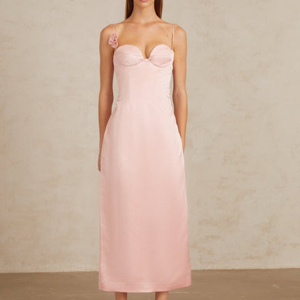 Gabriella Pink Satin 3D Petal Detail Midi Dress with Sweetheart Neckline and Spaghetti Straps