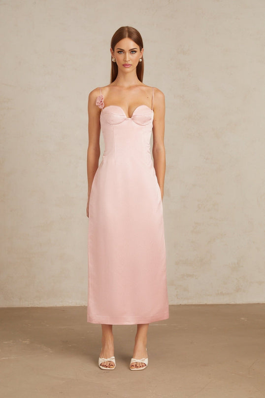 Gabriella Pink Satin 3D Petal Detail Midi Dress with Sweetheart Neckline and Spaghetti Straps