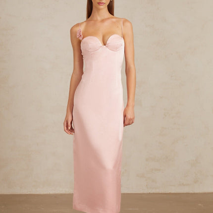 Gabriella Pink Satin 3D-Petal Detail Midi Dress
