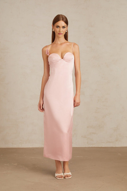Gabriella Pink Satin 3D-Petal Detail Midi Dress