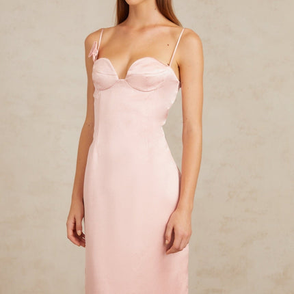 Gabriella Pink Satin 3D-Petal Midi Dress with Rear Slit and Spaghetti Straps