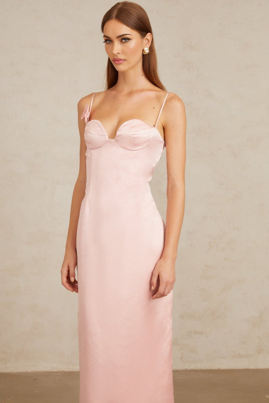 Gabriella Pink Satin 3D-Petal Midi Dress with Rear Slit and Spaghetti Straps