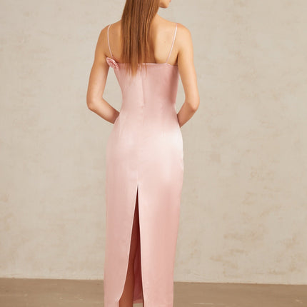 Gabriella Pink Satin 3D Petal Midi Dress Sleeveless Spaghetti Straps Rear Slit Luxury Fashion