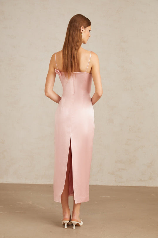 Gabriella Pink Satin 3D Petal Midi Dress Sleeveless Spaghetti Straps Rear Slit Luxury Fashion
