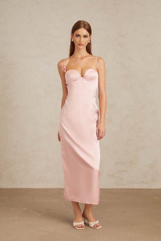 Gabriella Pink Satin 3D-Petal Midi Dress