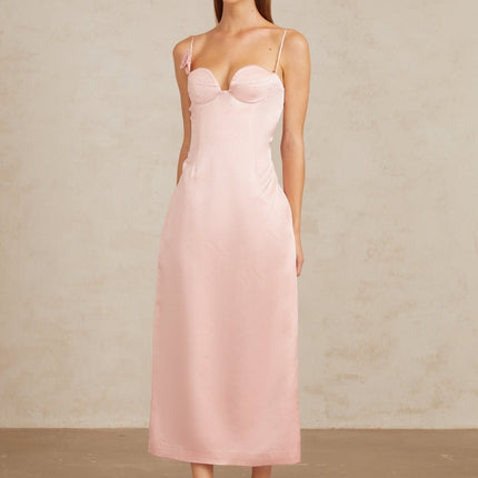 Gabriella Pink Satin 3D-Petal Midi Dress with Sweetheart Neckline and Spaghetti Straps