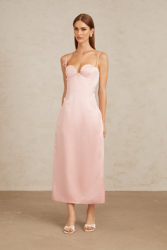 Gabriella Pink Satin 3D-Petal Midi Dress with Sweetheart Neckline and Spaghetti Straps