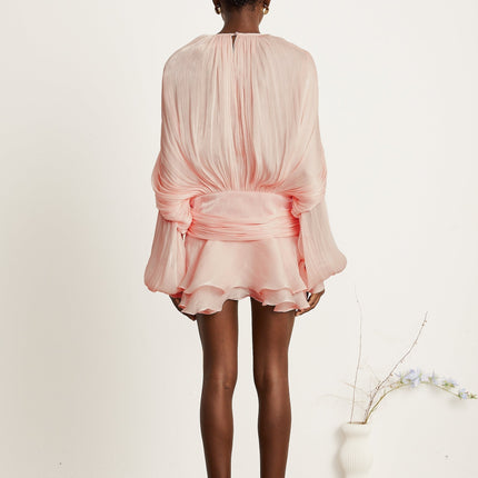Gabriella Pink Twist Glitter Mini Dress Shoulder Pads Ruffled Hem Pleated Silhouette Buttoned-Cuff Sleeves Draped Design Luxurious Blend Terylene Viscose Spandex