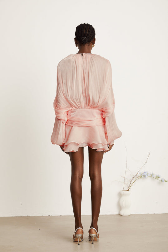 Gabriella Pink Twist Glitter Mini Dress Shoulder Pads Ruffled Hem Pleated Silhouette Buttoned-Cuff Sleeves Draped Design Luxurious Blend Terylene Viscose Spandex