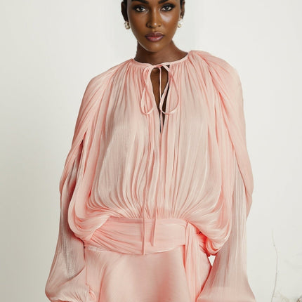 Gabriella Pink Twist Glitter Mini Dress with Ruffled Hem and Shoulder Pads