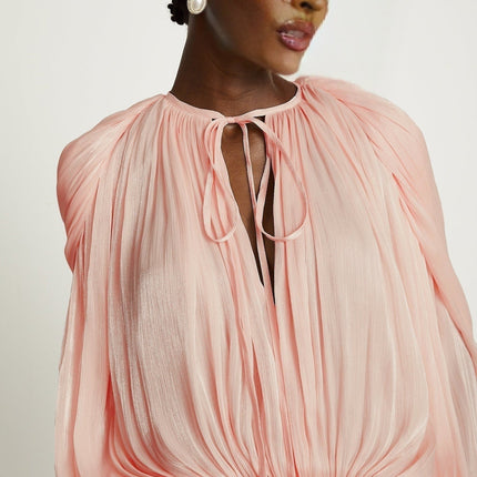 Gabriella Pink Twist Glitter Mini Dress with Neck Tie Fastening and Ruffled Hem