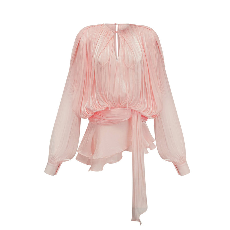 Gabriella Pink Twist Glitter Mini Dress with Neck Tie Fastening and Ruffled Hem
