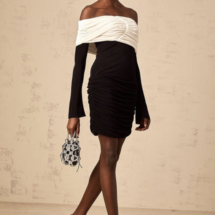 Gabrielle Black and White Color Block Mini Dress with Ruched Detailing