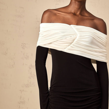 Gabrielle Black and White Color Block Mini Dress with Ruched Detailing