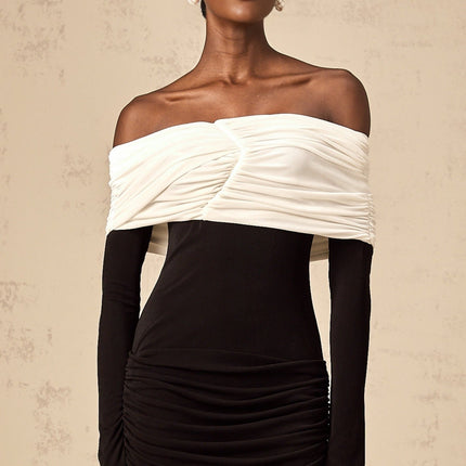 Gabrielle Black and White Color Block Mini Dress with Ruched Detailing