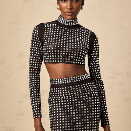Gabrielle Black Rhinestone Embellished Mesh Skirt Top Set