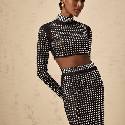 Gabrielle Black Rhinestone Embellished Mesh Skirt Top Set