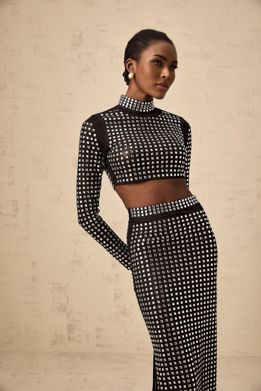 Gabrielle Black Rhinestone Embellished Mesh Skirt Top Set