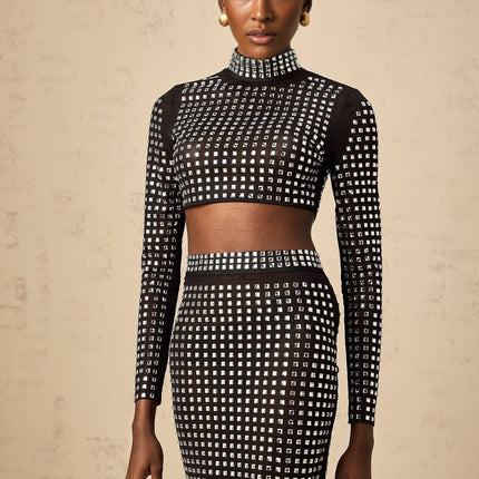 Gabrielle Black Rhinestone Embellished Mesh Skirt Top Set