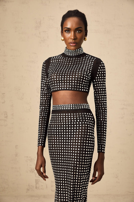 Gabrielle Black Rhinestone Embellished Mesh Skirt Top Set