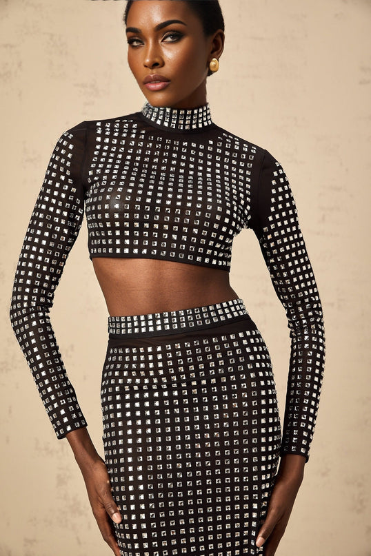 Gabrielle Black Rhinestone Embellished Skirt Top Set