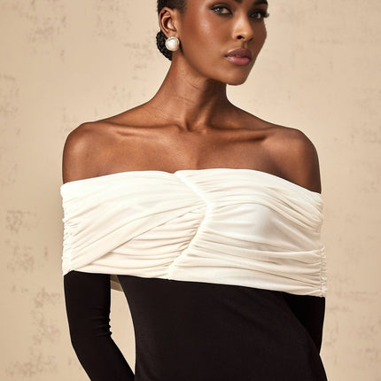 Gabrielle Black and White Color Block Mini Dress with Ruched Detailing
