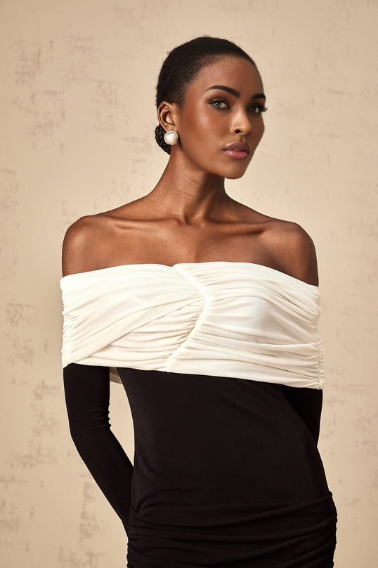 Gabrielle Black and White Color Block Mini Dress with Ruched Detailing