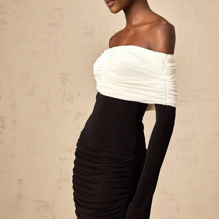 Gabrielle Black and White Color Block Ruched Mini Dress