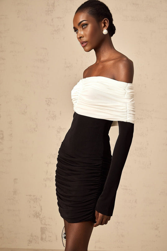 Gabrielle Black and White Color Block Ruched Mini Dress
