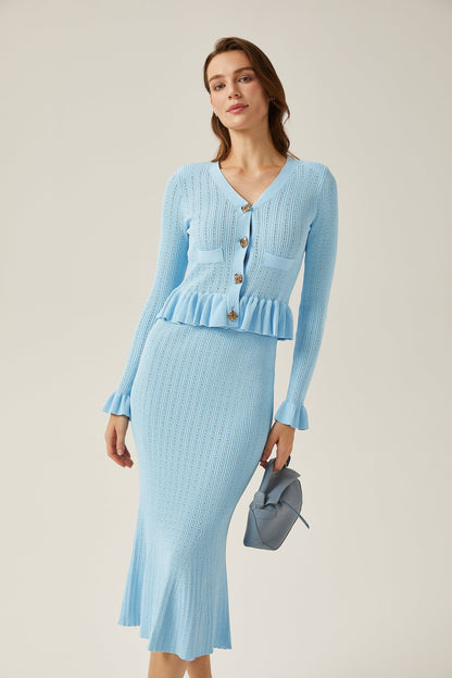 Gabrielle blue flared knitted top  skirt matching set