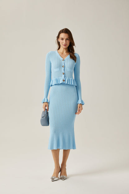Gabrielle blue flared knitted top  skirt matching set