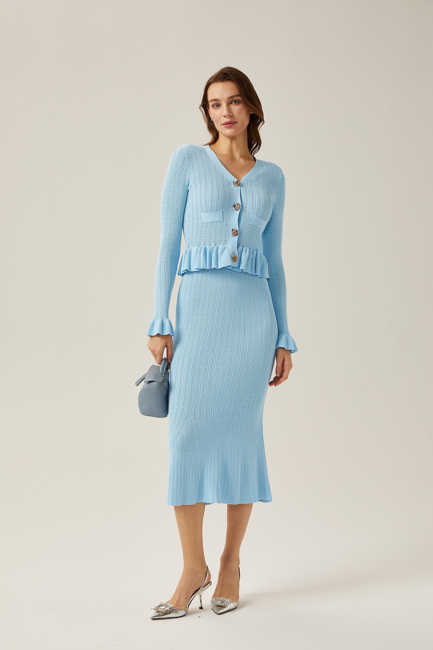 Gabrielle blue flared knitted top  skirt matching set