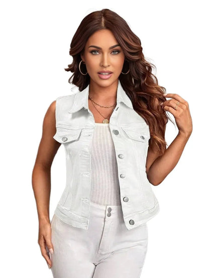 Gabrielle Cropped Denim Jacket with Button Front in White - White