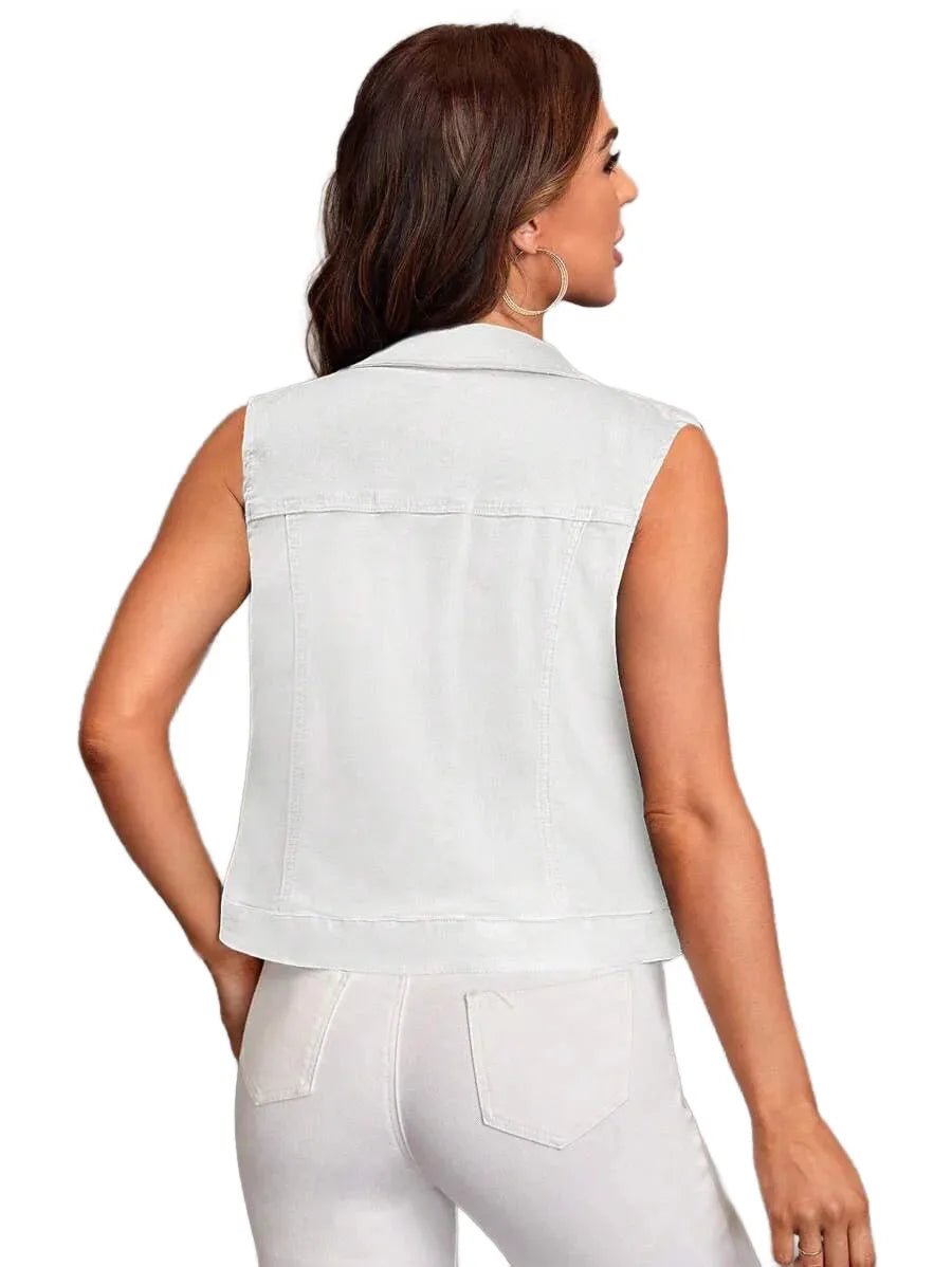 Gabrielle Cropped Denim Jacket with Button Front in White - White