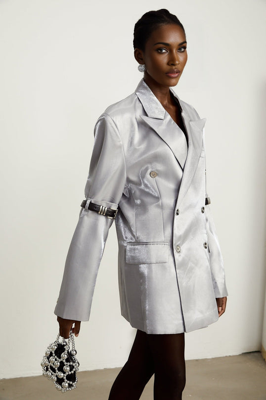 Gabrielle grey beltedarm metallic blazer