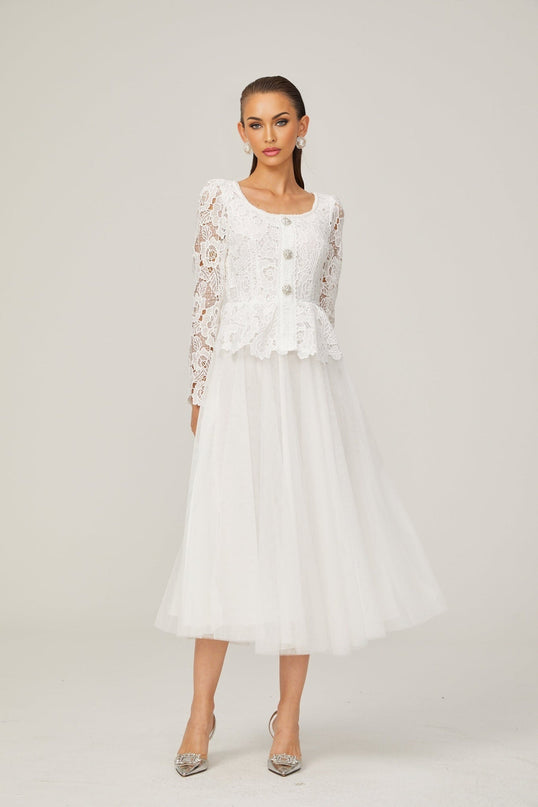 Gabrielle white peplumwaist tulle midi dress