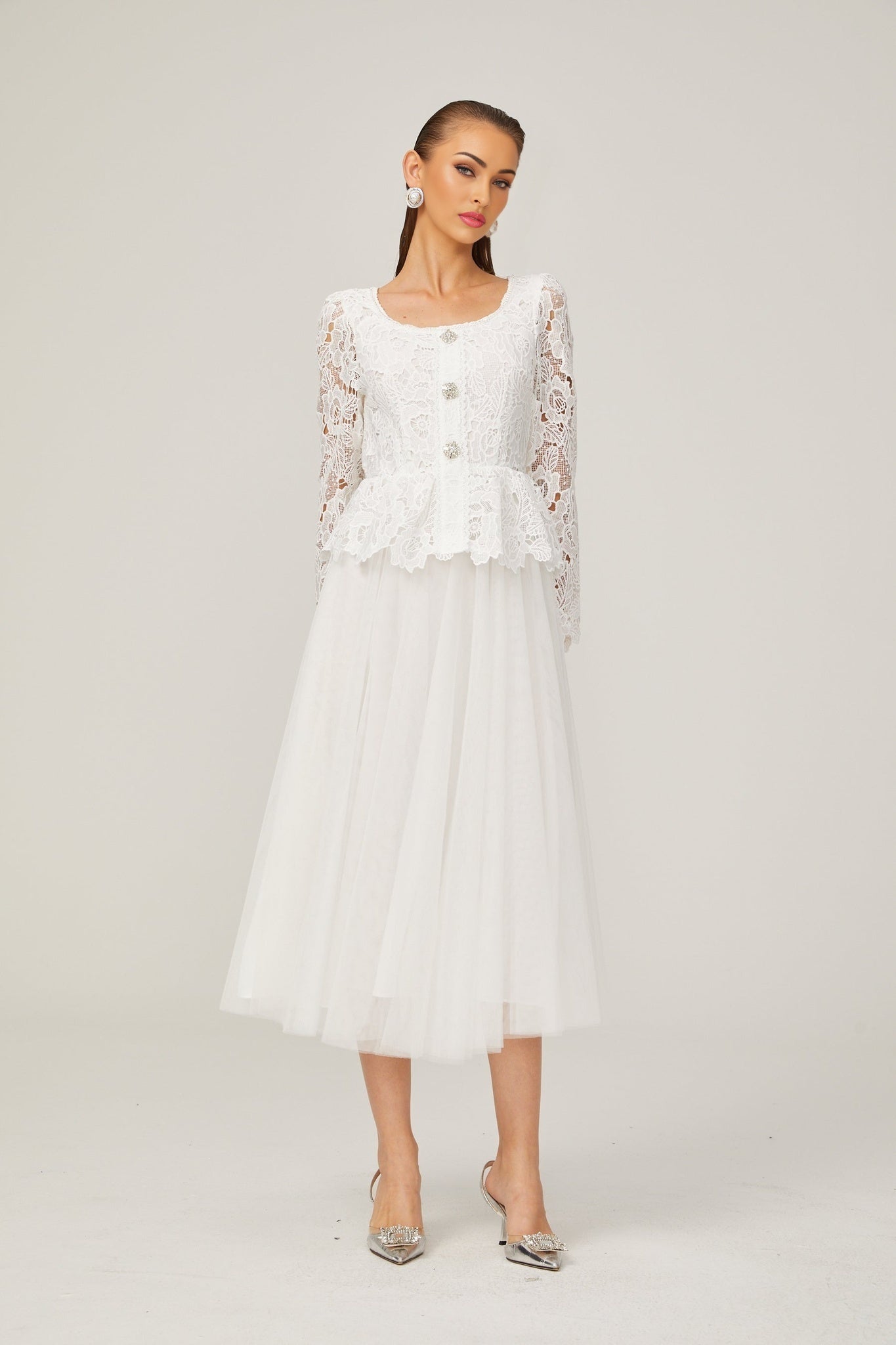 Gabrielle white peplumwaist tulle midi dress