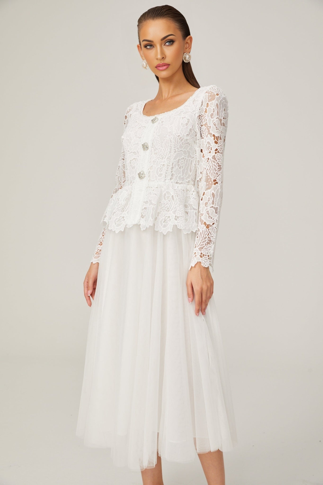 Gabrielle white peplumwaist tulle midi dress