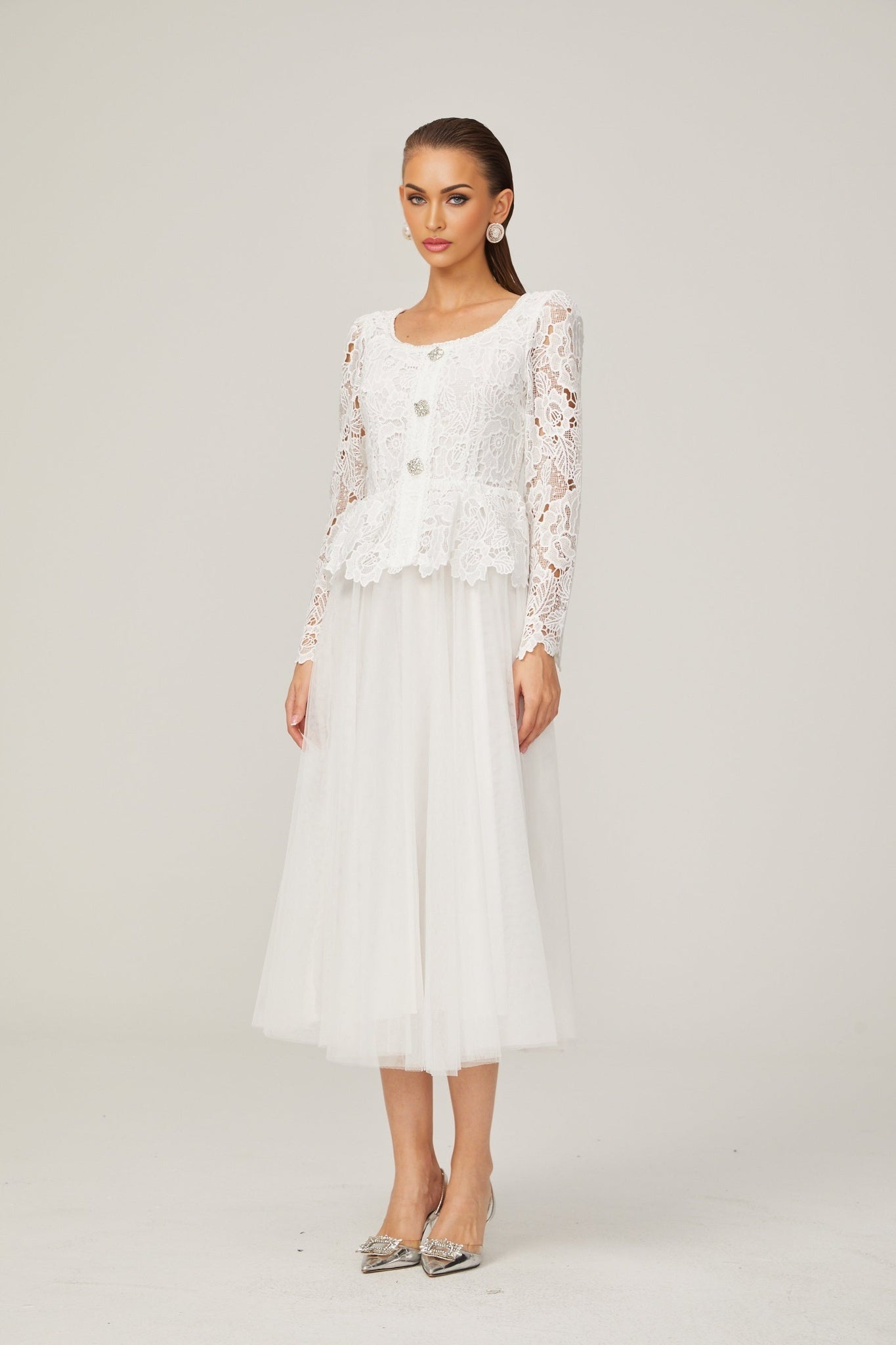 Gabrielle white peplumwaist tulle midi dress