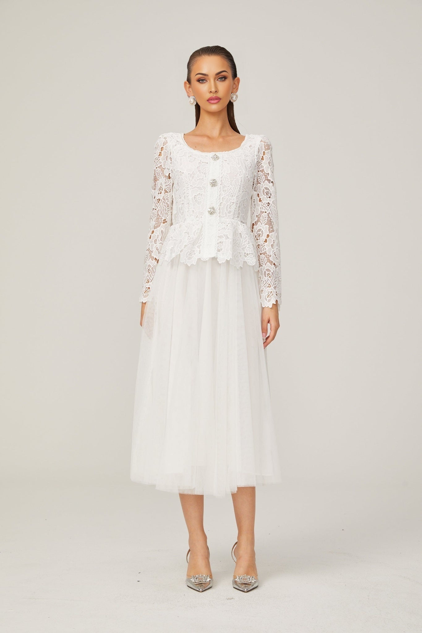 Gabrielle white peplumwaist tulle midi dress