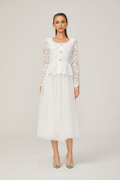 Gabrielle white peplumwaist tulle midi dress