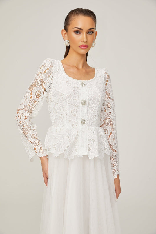 Gabrielle white peplumwaist tulle midi dress